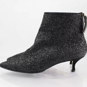 Stuart Weitzman Juniper 45 Glitter Leather Kitten Heel Bootie in Black Size 9M